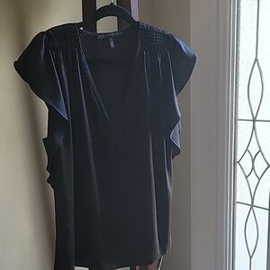 White House Black Market Black Ruffled V Neck Flutter Sleeve Blouse